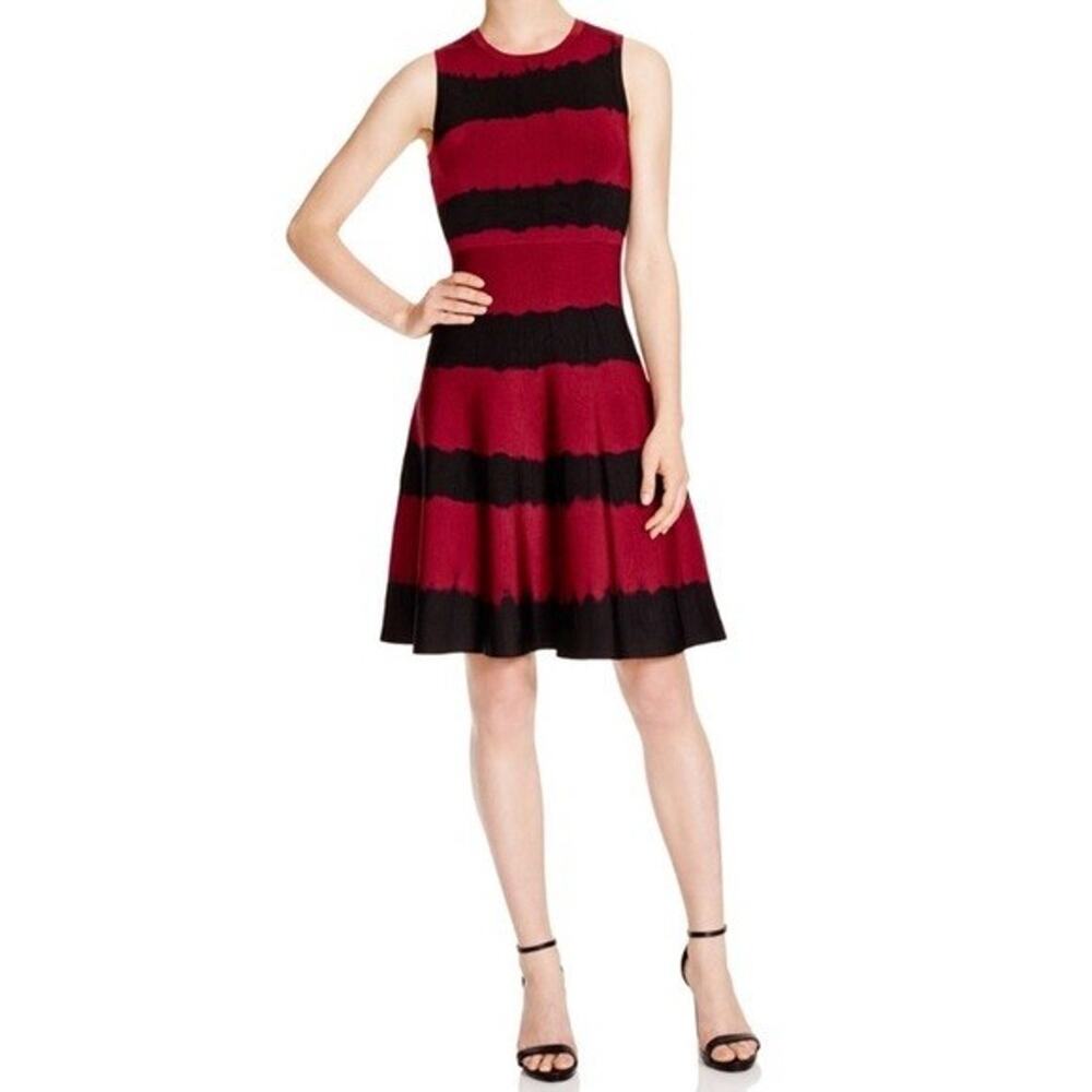 Karen Millen Tie Dye Bodycon Fit Flare Dress Red Black Stripe Sleeveless Crew M